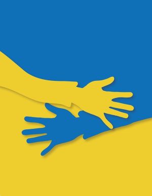Dłonie w kolorach flagi Ukrainy