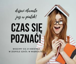 Plakat z dziewczyną z książką na głowie. Na plakacie zawarto informacje o dacie drzwi otwartych w Zespole Szkół w Wąbrzeźnie