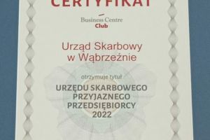 Certyfikat wręczony Urzędowi Skarbowemu w Wąbrzeźnie