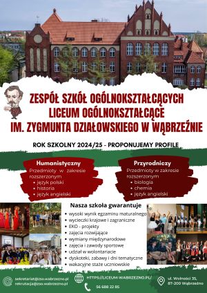 Plakat przedstawiający ofertę edukacyjną Zespołu Szkół Ogólnokształcących w Wąbrzeźnie na rok szkolny 2024/2025