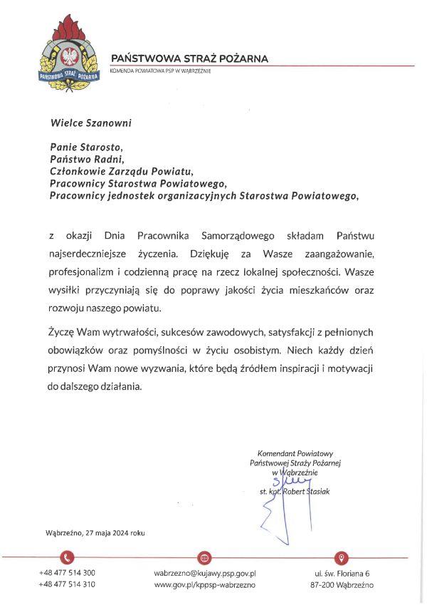 Życzenia z okazji Dnia Samorządu Terytorialnego od Komendanta Powiatowego Państwowej Straży Pożarnej w Wąbrzeźnie
