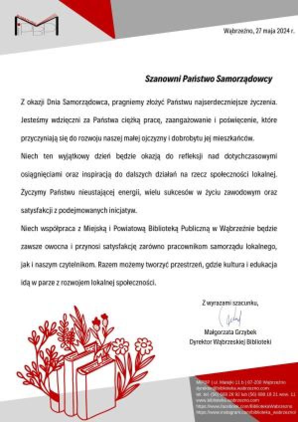 Życzenia z okazji Dnia Samorządu Terytorialnego od Dyrektor Wąbrzeskiej Biblioteki
