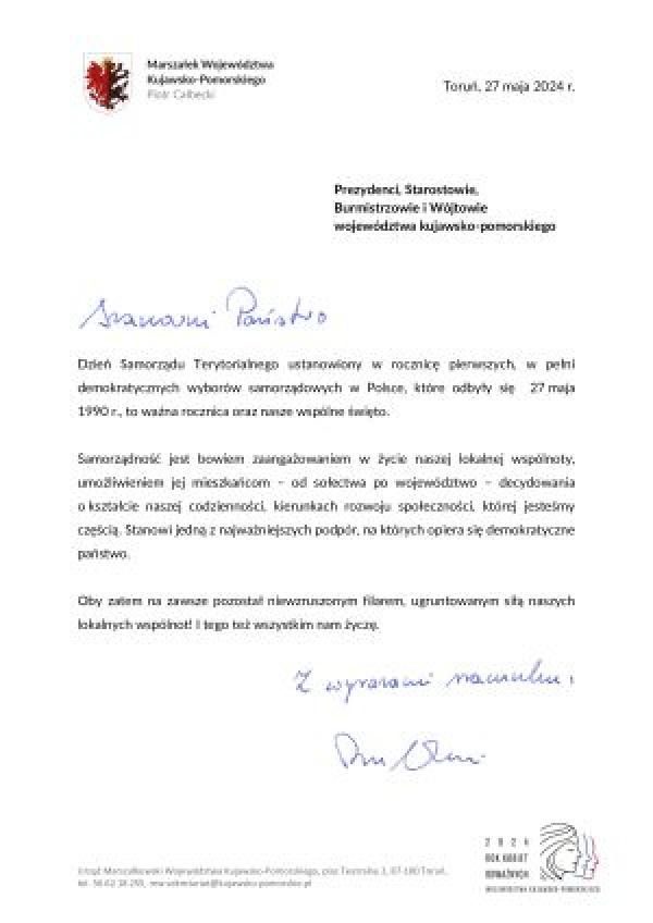 Życzenia z okazji Dnia Samorządu Terytorialnego od Marszałka Województwa Kujawsko - Pomorskiego