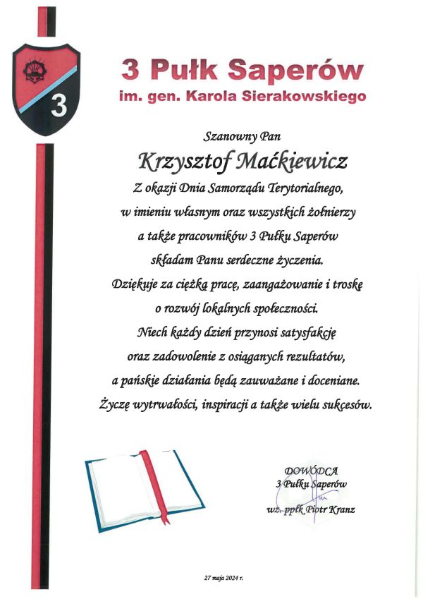 Życzenia z okazji Dnia Samorządu Terytorialnego od Dowódcy 3 Pułku Saperów