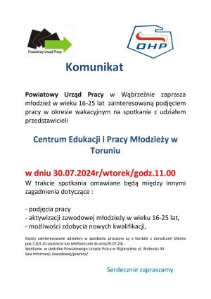 Plakat informujący o spotkaniu z przedstawicielami Centrum Edukacji i Pracy Młodzieży w Toruniu