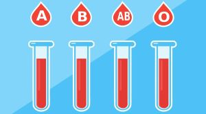 Probówki z krwią, nad każdą probówką znajduje się czerwona kropla z wypisaną grupą krwi: A, B, AB, 0