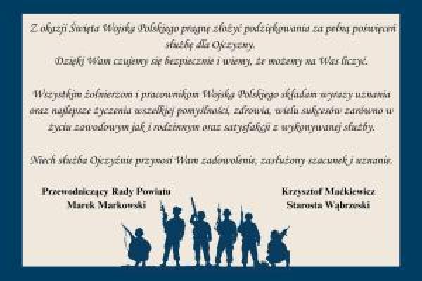 Życzenia z okazji Święta Wojska Polskiego od Starosty Wąbrzeskiego i Przewodniczącego Rady Powiatu