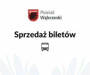 Napis sprzedaż biletów z ikoną autobusu i herbem powiatu