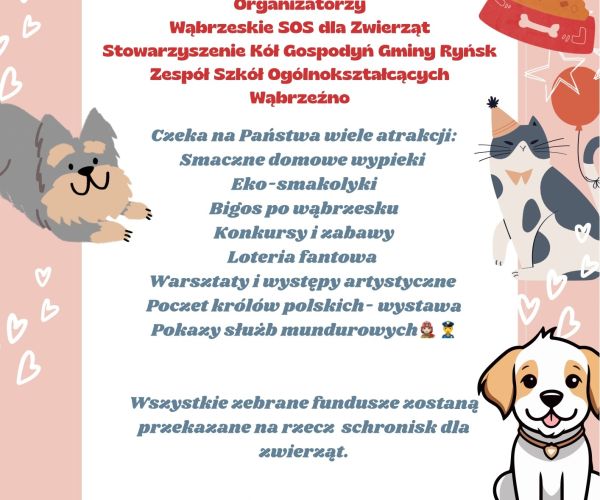 Plakat informujący o wydarzeniu "Wspólnie dla czworonogów", wypisane zostały atrakcje, organizatorzy oraz data wydarzenia.