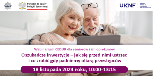 Plakat informujący o Webinarium CEDUR dla seniorów i ich opiekunów w dniu 18 listopada 2024r.