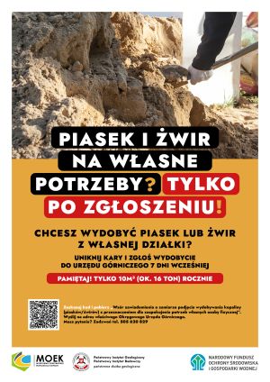 Plakat z informacją o możliwości wydobywaniu piasku i żwiru na własne potrzeby tylko po zgłoszeniu.