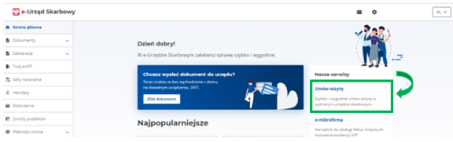 Wskazówka, gdzie trzeba kliknąć na stronie e-Urząd Skarbowy, aby umówić wizytę w Urzędzie Skarbowym.