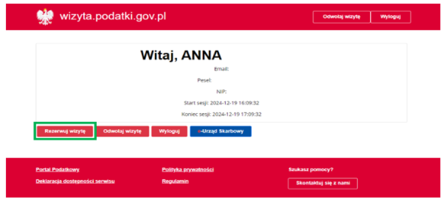 Wskazówka, gdzie trzeba kliknąć aby zarezerwować wizytę w Urzędzie Skarbowym.