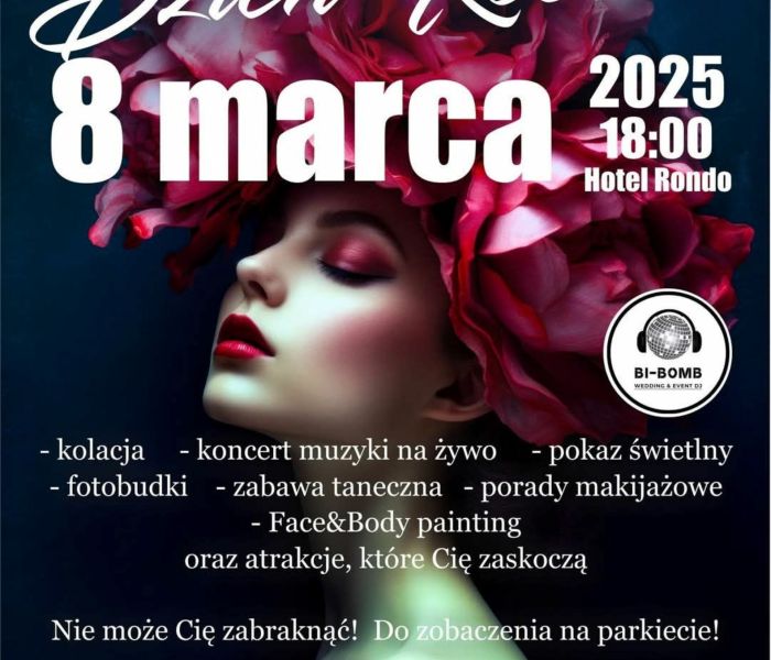 Plakat informujący u Dniu Kobiet w dniu 8 marca 2025 r. o godz. 18:00 w Hotelu Rondo w Wąbrzeźnie.