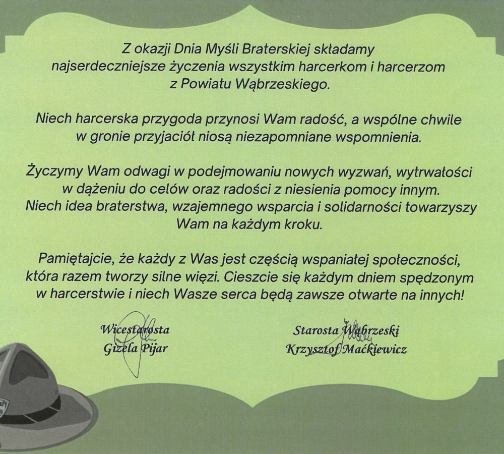 Z okazji Dnia Myśli Braterskiej składamy najserdeczniejsze życzenia wszystkim harcerkom i harcerzom z Powiatu Wąbrzeskiego...