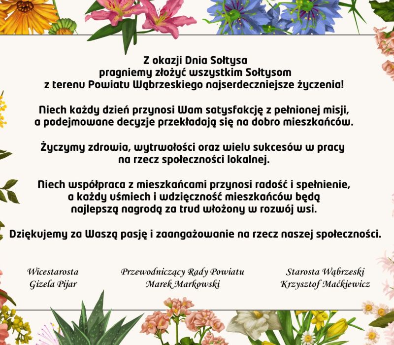 Z okazji Dnia Sołtysa pragniemy złożyć wszystkim Sołtysom z terenu Powiatu Wąbrzeskiego najserdeczniejsze życzenia! Niech...