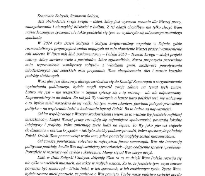 List Marszałka Sejmu RP Szymona Hołowni z okazji Dnia Sołtysa.