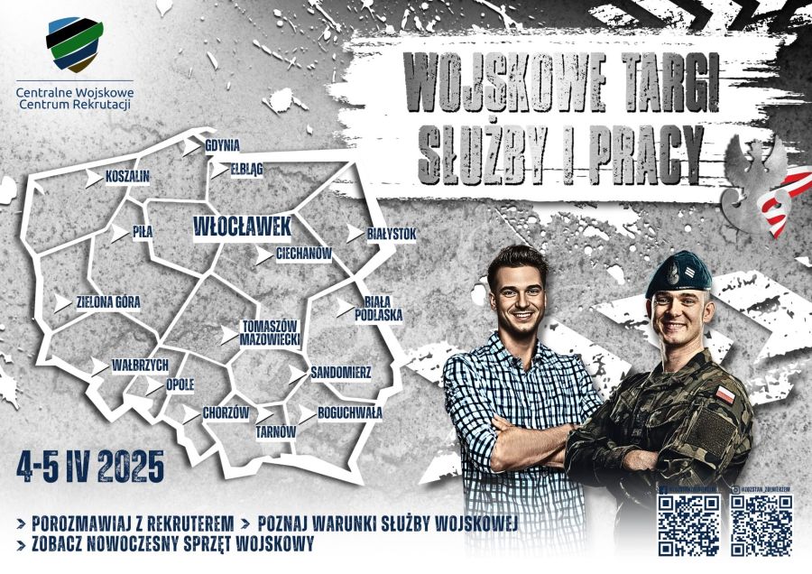 Plakat informujący o Wojskowych Targach Służby i Pracy w dniach 4-5 kwietnia 2025r., na którym jest mapa z zanaczonymi...