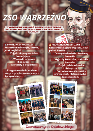 Plakat przedstawiający ofertę edukacyjną Zespołu Szkół Ogólnokształcących w Wąbrzeźnie na rok szkolny 2025/2026.