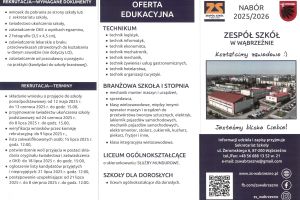 Ulotka z ofertą edukacyjną i informacją o rekrutacji Zespołu Szkół w Wąbrzeźnie.