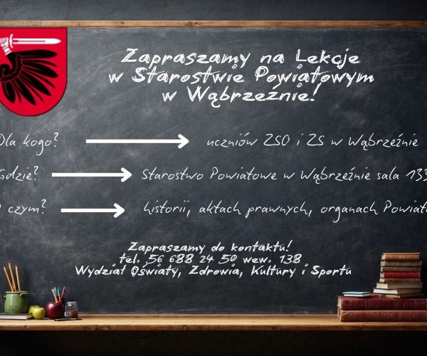 Plakat informujący o "Lekcji w Starostwie". Na plakacie znajdują się informacje dla kogo są lekcje, gdzie i o czym będą...