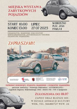 Plakat informujący o Miejskiej Wystawie Zabytkowych Pojazdów w dniu 27 lipca 2025 roku na pl. Jana Pawła II w Wąbrzeźnie