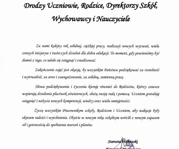 Życzenia dla Uczniów, Rodziców, Dyrektorów Szkół, Wychowawców i Nauczycieli od Starosty Wąbrzeskiego