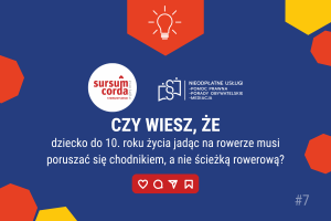 Plakat: Czy wiesz, że dziecko do 10. roku życia jadąc na rowerze musi poruszać się chodnikiem, a nie ścieżką rowerową?