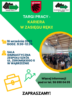 Plakat informujący o targach pracy w dniu 16 września 2025 roku w Zespole Szkół w Wąbrzeźnie