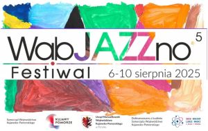 Logo Festiwalu - napis WabJAZZno.5 Festiwal 6-10 sierpnia 2025 na kolorowym tle z wymienionymi partnerami strategicznymi
