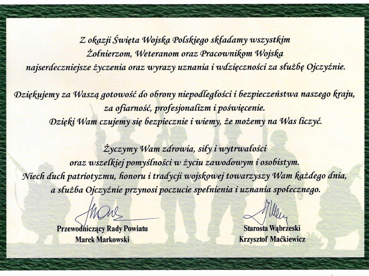 Z okazji Święta Wojska Polskiego składamy wszystkim Żołnierzom, Weteranom oraz Pracownikom Wojska najserdeczniejsze...