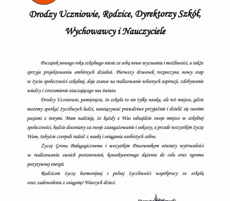 Życzenia Starosty Wąbrzeskiego z okazji rozpoczęcia roku szkolnego