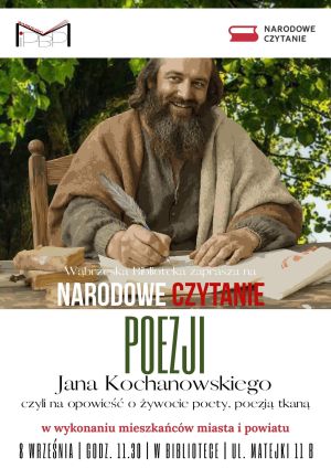 Plakat informujący o Narodowym Czytaniu Poezji Jana Kochanowskiego w dniu 8 września 2025 roku w wąbrzeskiej bibliotece.