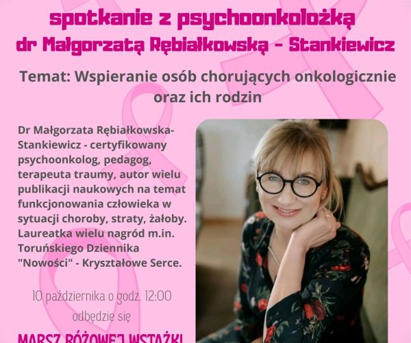 Plakat informujący o spotkaniu w MiPBP w Wąbrzeźnie z psychoonkolożką dr Małgorzatą Rębiałkowską-Stankiewicz