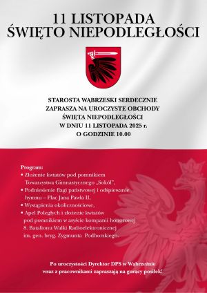Plakat informujący o obchodach Święta Niepodległości wraz ze szczegółowym programem uroczystości