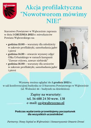 Plakat informujący o akcji profilaktycznej "Nowotworom mówimy NIE!" w Starostwie Powiatowym w Wąbrzeźnie