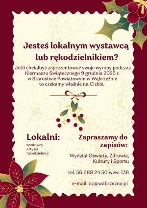 Plakat informujący o zapisach wystawców na Kiermasz Swiąteczny w Starostwie Powiatowym w Wąbrzeźnie