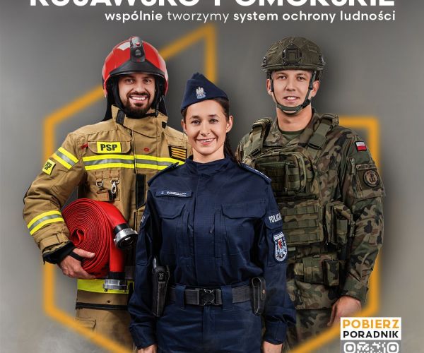 Plakat z kodem QR do pobrania "Poradnika bezpieczeństwa". Na plakacie: strażak, policjantka i żołnierz.