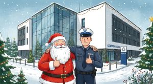Policjant z Mikołajem stojący przed Komendą Policji