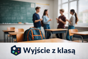 Grafika przedstawiająca uczniów rozmawiających w sali lekcyjnej oraz logo programu "Wyjście z klasą"