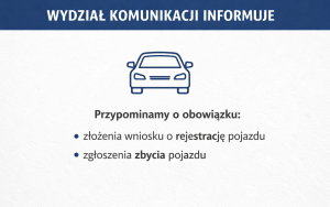 Grafika z samochodem i informacją o obowiązku złożenia wniosku o rejestrację pojazdu oraz zgłoszenia zbycia pojazdu