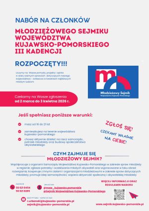 Plakat informujący o naborze na członków Młodzieżowego Sejmiku Województwa Kujawsko-Pomorskiego III kadencji