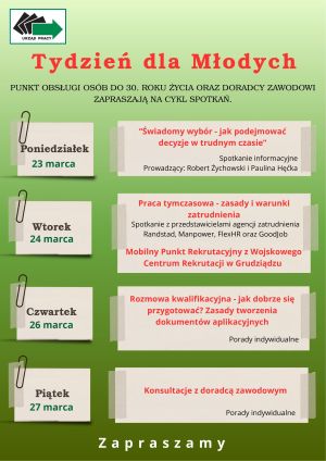 Plakat z harmonogramem spotkań podczas "Tygodnia dla młodych"