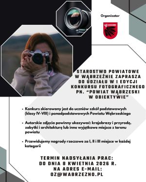 Plakat informujący konkursie pn. "Powiat Wąbrzeski w obiektywie"