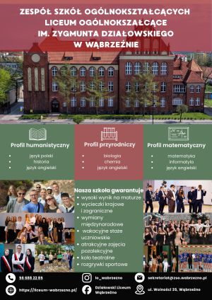Plakat przedstawiający ofertę edukacyjną Zespołu Szkół Ogólnokształcących w Wąbrzeźnie na rok szkolny 2026/20276