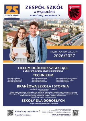 Plakat przedstawiający ofertę edukacyjną Zespołu Szkół w Wąbrzeźnie na rok szkolny 2026/2027