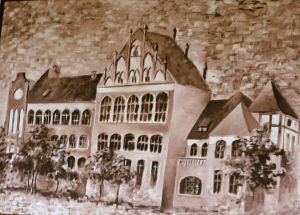 Obraz przedstawiający budynek Zespołu Szkół Ogólnokształcących w Wąbrzeźnie