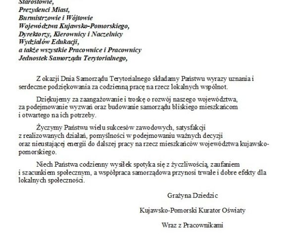 Życzenia z okazji Dnia Samorządu Terytorialnego od Kujawsko-Pomorskiego Kuratora Oświaty Grażyny Dziedzic