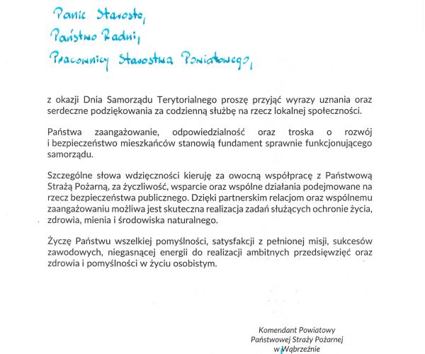 Życzenia z okazji Dnia Samorządu Terytorialnego od Komendanta Powiatowego Państwowej Straży Pożarnej w Wąbrzeźnie st. kpt...