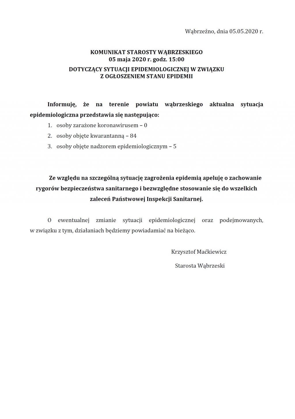 Komunikat Starosty Wąbrzeskiego dot. sytuacji epidemiologicznej na terenie Powiatu Wąbrzeskiego 05.05.2020 godz. 15:00